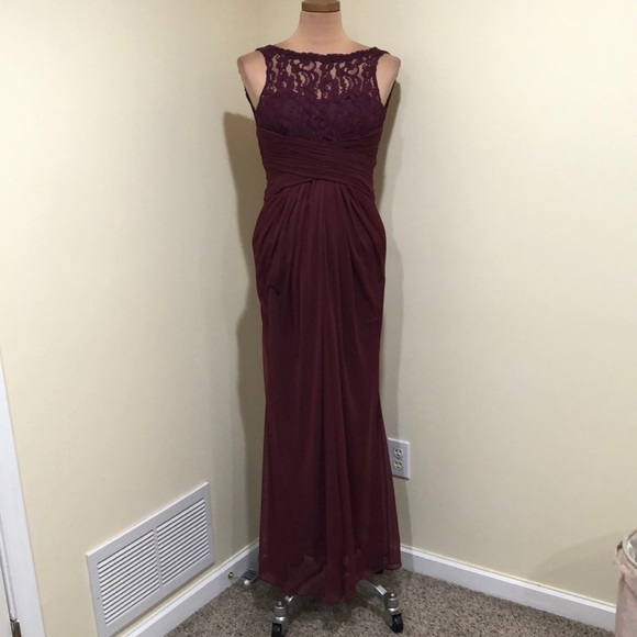 David’s Bridal Maxi Dress Size 0 Burgundy Floral Lace Pleated Ruched Column Gown - Picture 2 of 10